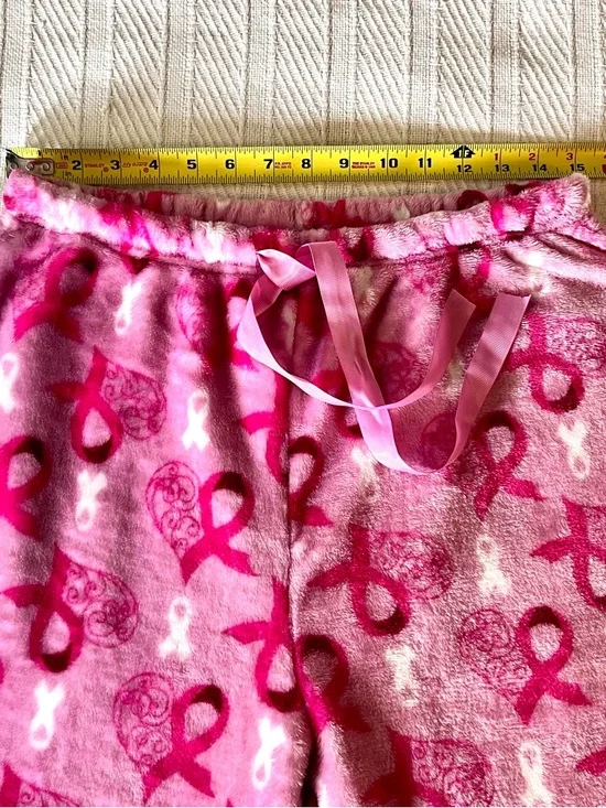 Pink Ribbon Plush Lounge Pants with Bow Waist Breast Cancer Awareness - Picture 3 of 6